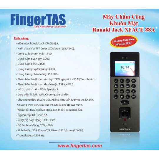 MÁY CHẤM CÔNG KHUÔN MẶT VÂN TAY - THẺ CẢM ỨNG RONALD JACK XFACE 88A